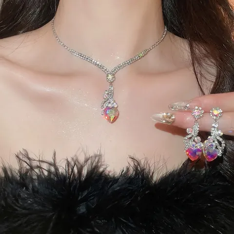 Joyería Collar Y Pendientes Corazón Cobre Estrás Poste De Plata Ley 925 Accesorio Moda Mujer Elegante