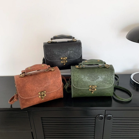 Vintage Embossed PU Leather Handbag With Metal Lock Floral Pattern Crossbody Shoulder Bag For Women