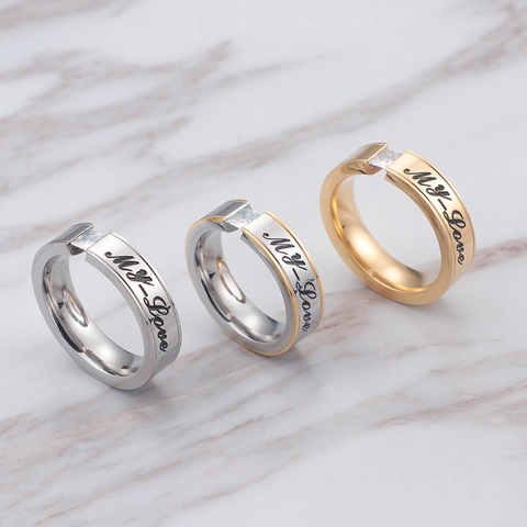 Anillo De Acero Inoxidable Con Grabado My Love Y Circón Cuadrado Joyería De Moda Para Pareja Regalo Aniversario San Valentín