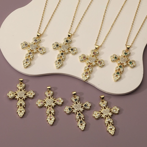 Collana con Pendente a Croce in Rame con Cuore in Zirconia Placcato Oro Catena a O Gioielli Religiosi Regalo per Donna
