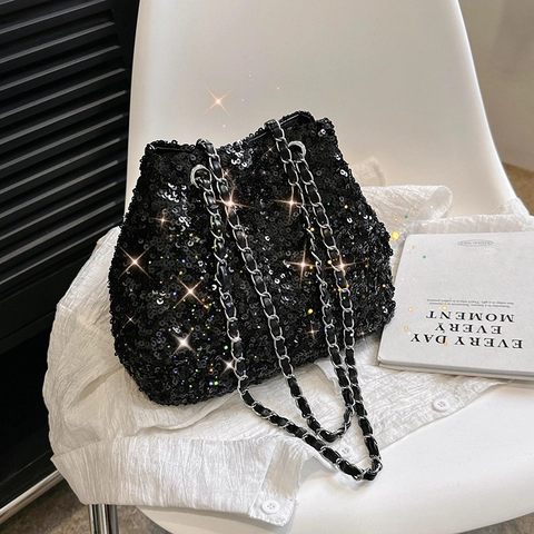 Sequin Bucket Bag For Women Fashion Sparkly Evening Handbag With Woven Metal Chain Strap Underarm Purse