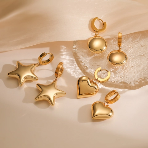 Minimalist Stainless Steel Gold Plated Heart Star Round Drop Earrings For Women Fashion Geometric Polished Jewelry Accessory