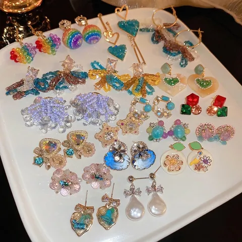 Orecchini A Fiore Cuore Cristallo Colorato Con Perno In Argento Sterling 925 Stile Dopamina Geometrico Gioielli Donna