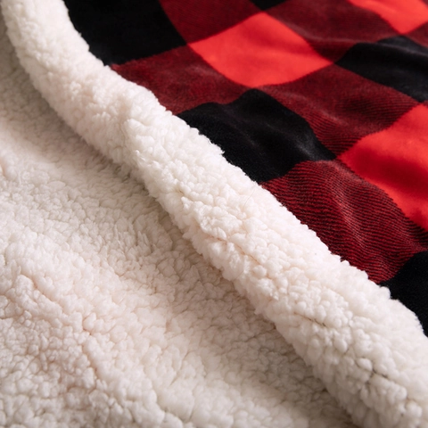 Flannel Sherpa Blanket Double Layer Plaid Thick Soft Warm For Sofa Bed Office Travel Buffalo Check Pattern Polyester