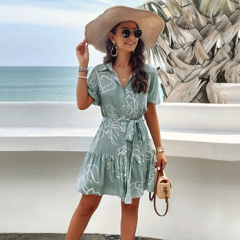 Women Viscose Short Sleeve V Neck Button Down Tie Waist Ruffle Hem Geometric Print Beach Holiday Midi A Line Dress