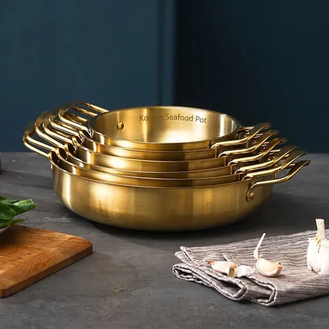Korean Style Stainless Steel Seafood Hot Pot Flat Bottom Double Handle Gold Silver Ramen Griddle Pan
