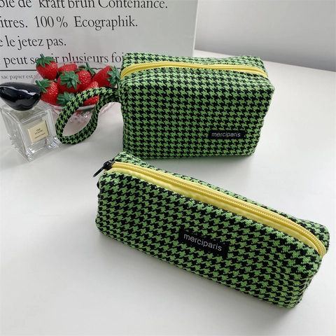 Houndstooth Woolen Pencil Case Portable Makeup Storage Pouch Zipper Cosmetic Bag Ins Style