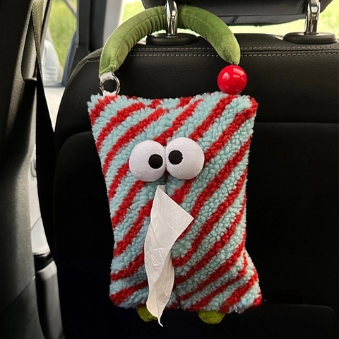 Copertura Per Scatola Di Fazzoletti Per Auto Peluche Mostro Occhi Grandi Righe Supporto Per Tovaglioli Appeso Per Interni