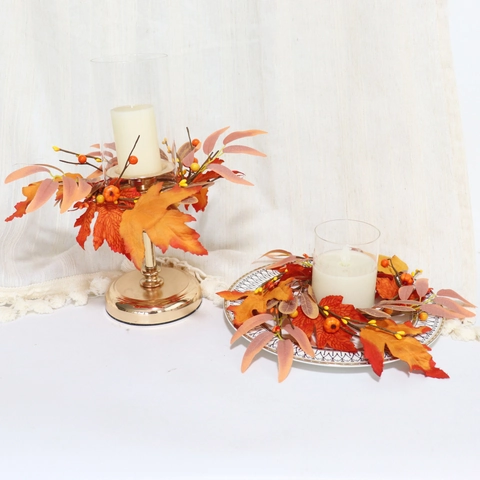 Artificial Maple Leaf Berry Candle Ring Wreath With Mini Pumpkin Satin Cloth Foam Thanksgiving Halloween Autumn Home Decor