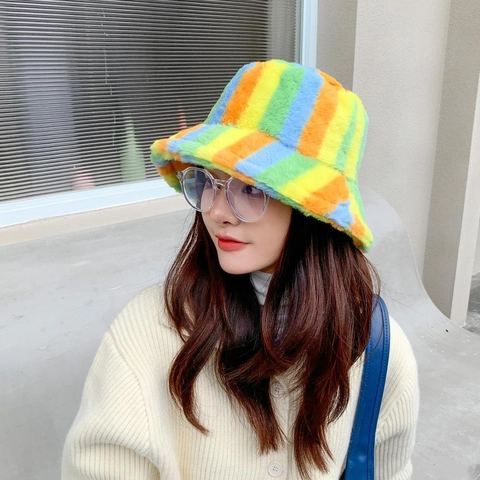 Winter Rainbow Plush Bucket Hat For Women Warm Velvet Tie Dye Stripes Outdoor Fisherman Hat Casual Faux Fur Style Headwear