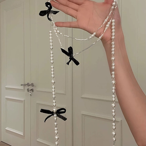 Multi Layer Faux Artificial Pearl Necklace With Fabric Bowknot And Alloy Rhinestone Pendant Long Sweater Chain For Women French Vintage