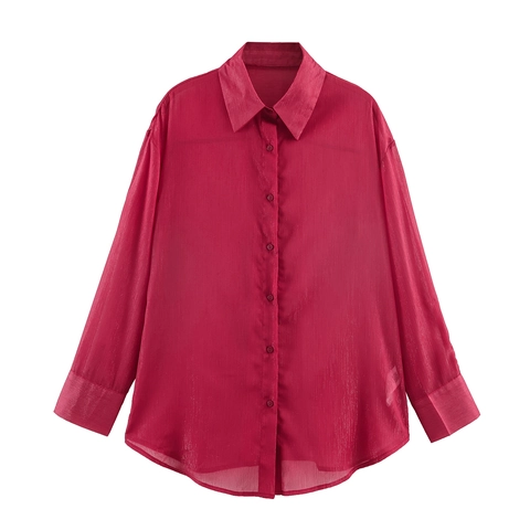 Blusa Vintage Para Mujer Camisa De Manga Larga Hilo De Oro Lurex Gasa Ajuste Holgado Cuello Vuelto Elegante Color Rojo