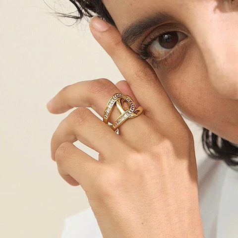 Intertwined Double Layer Ring Stainless Steel 18K Gold Plated Rectangle Zircon Inlaid Waterproof Hypoallergenic Luxury Women