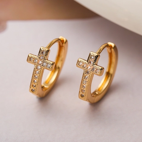Hoop Earrings With Cubic Zirconia Cross Pendant And Rainbow Stones Copper Gold Plated Fashion Jewelry For Women