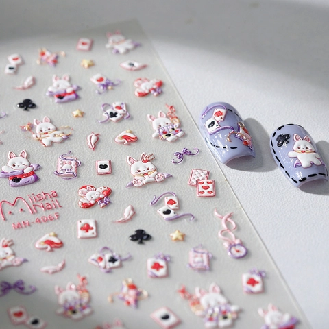 Autocollants Nail Art Relief 5D Texturés 3D Auto-Adhésifs Ultra Fins Style Japonais Dessin Animé Chat Lapin Poker Magie