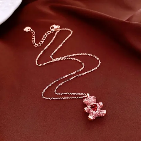 Collana Con Pendente Orsetto Rame Placcato Oro Rosa Con Zircone Rosa E Gemma Cuore Rosso Gioielli Eleganti Da Donna