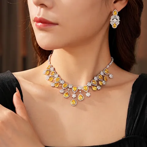 Luxury Yellow Water Drop Zircon Necklace And Earrings With Silver Earring Post Vintage Floral Copper Jewelry Women