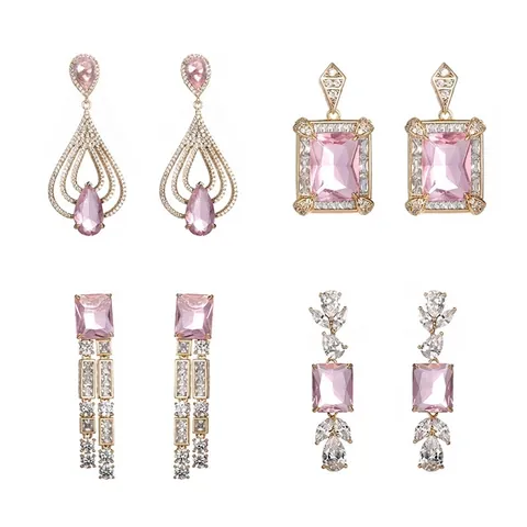 Pendientes Colgantes Geométricos de Cobre y Circonia Para Mujer Pendientes de Gota Cuadrados Rectangulares Rosas Joyería