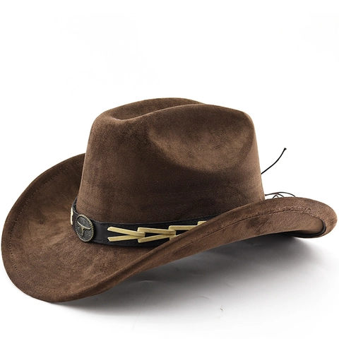 Western Cowboy Hat Suede Felt Wide Brim Retro Ethnic Style With Metal Bull Head Emblem And Leather Band For Outdoor