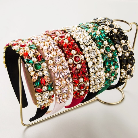 Diadema Barroca de Lujo con Diamantes de Imitación y Perla Artificial Banda Ancha de Terciopelo Estilo Corte Vintage Floral Diadema para Mujer Fiesta Boda Accesorios