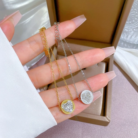 Bracciale In Acciaio Inossidabile Da Donna Pendente Disco Tondo Cuore Strass Elegante Catena Regolabile Gioielli