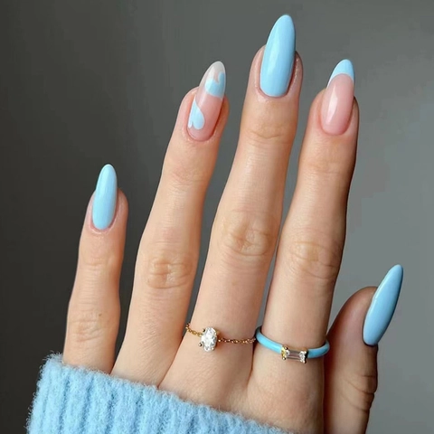 Press On Nails Light Blue Heart French Style Almond Shape ABS Plastic Glossy Elegant Manicure Decor For Women