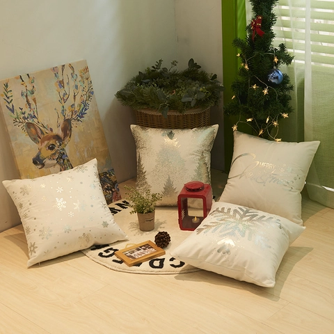 Funda De Cojín De Navidad Papel De Plata Copo De Nieve Árbol Patrón Merry Christmas Felpa Poliéster Decorativa