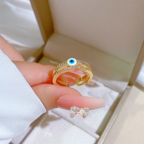 Δαχτυλίδι Evil Eye Επιχρυσωμένος Ορείχαλκος Micro Pave Zircon Διπλής Στρώσης Ρυθμιζόμενο Άνοιγμα Κοσμήματα Μόδας Για Γυναίκες