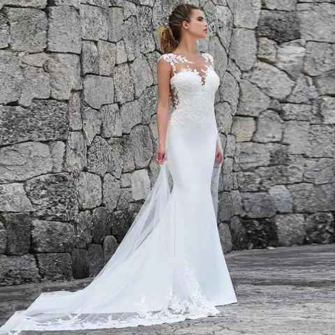 Mermaid Hochzeitskleid Spitze Applikation Rückenfrei Lange Schleppe Ärmellos Elegant Brautkleid Luxus Für Damen