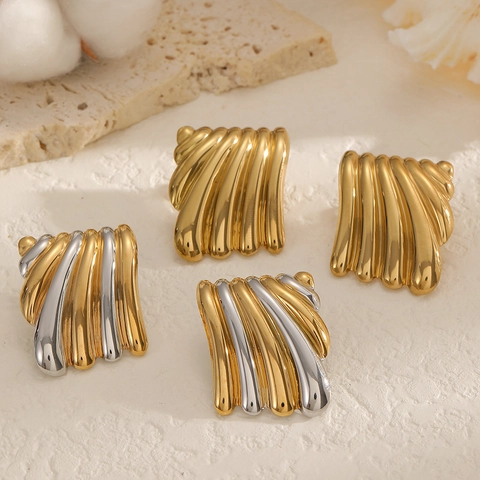 Boucles Oreilles Géométriques À Plis Ondulés Acier Inoxydable 304 Plaqué Or PVD Bijoux Vintage Minimalistes Femmes