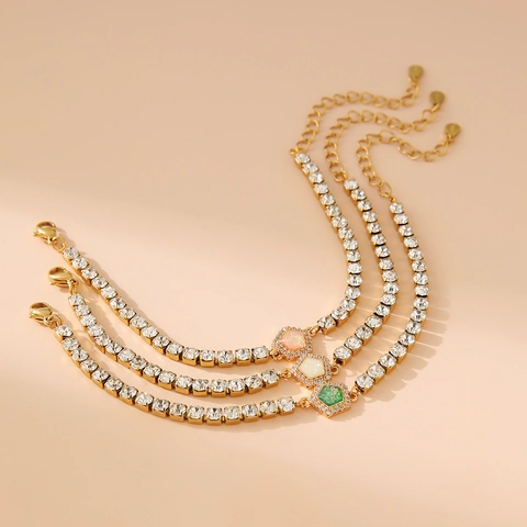 Bracelet Pendentif Polygone en Acier Inoxydable Zirconia Pour Femmes Elégant Plaqué Or Chaîne à Maillons Réglable Bijoux