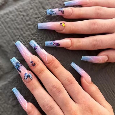 Long Coffin Press On Nails Gradient Marble Pattern Butterfly Rhinestone Decor ABS Plastic Glossy Artificial Fingernails