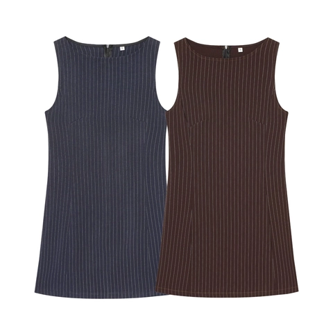 Women Pinstripe Mini Dress Sleeveless Polyester Crew Neck Slim Fit Vertical Striped Bodycon Office Casual Clothing