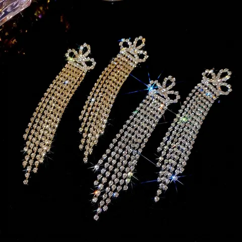 Elegante Schleife Lange Quasten Ohrhänger Strass Kupfer Mit 925 Sterling Silber Ohrstecker Luxus Party Für Damen