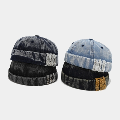 Retro Gewassen Denim Docker Hoed Randloze Miki Pet Met Verstelbare Metalen Gesp Street Style