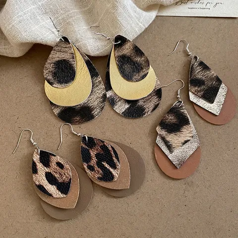 Leopard Print Faux Leather Layered Teardrop Earrings Bohemian Vintage Leaf Rhombus Dangle Ear Hooks For Women