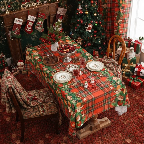 Christmas Tablecloth Red Plaid Polyester Rectangular Holiday Party Dining Table Cover Santa Snowman Print Home Decor