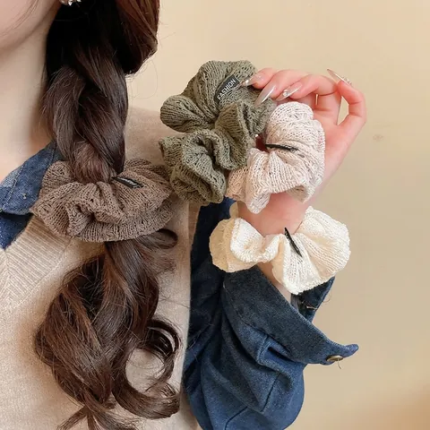 Knitted Scrunchie Ruffled Soft Woolen Elastic Hair Tie Korean Style Solid Color Ponytail Holder For Women Girls Fashion