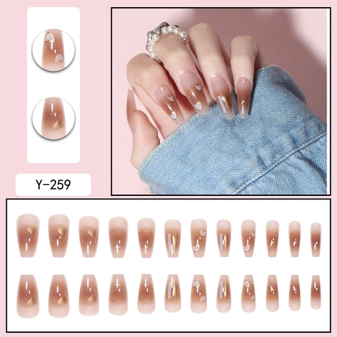 Press On Nails Long Coffin Shape Gold Heart Brown Pink Gradient Artificial False Nails Sweet Cool Style Full Cover