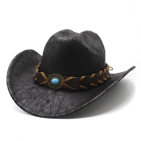 Retro Western Cowboy Hat With Distressed Faux Leather Texture Wide Brim Sun Protection Ethnic Style Turquoise Decor Unisex