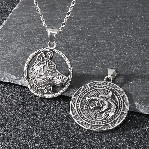 Viking Wolf Head Pendant Necklace Stainless Steel Nordic Rune Valknut Retro Punk Jewelry For Men