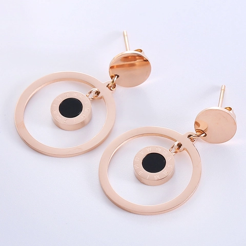 Pendientes Colgantes De Acero Inoxidable Chapados En Oro De 18K Números Romanos Esmalte Negro Joyería Geométrica Para Mujeres