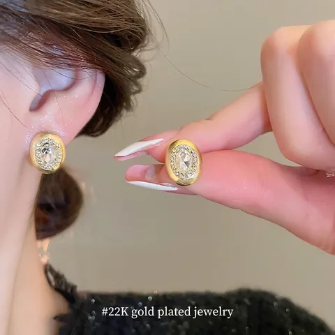 Pendientes De Botón Ovalados Con Circón Y Poste De Plata De Ley 925 Oro Cepillado Joyas Vintage Elegantes Mujer