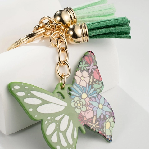 Frischer Grüner Acryl Schmetterling Schlüsselanhänger Mit Blumenmuster Gold Metall Schlüsselring Doppel Quaste Tasche Anhänger Für Damen