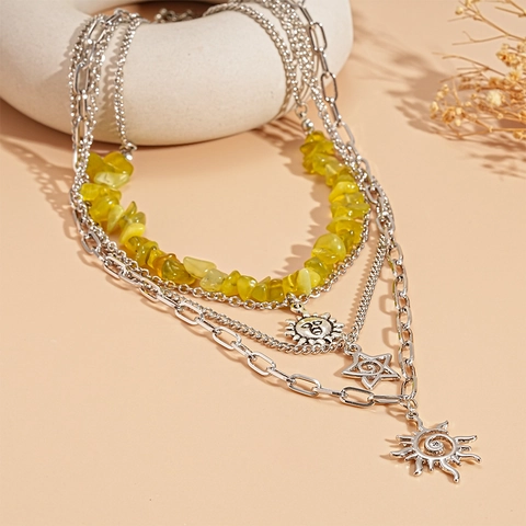 Collier Multi Rangs Avec Pendentifs Soleil Étoile Alliage Argenté Fausse Pierre Jaune Bijoux Bohème Vintage Pour Femmes