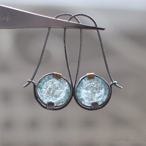 Vintage Dangle Hook Earrings Alloy Blue Moonstone Iridescent Glass Leaf Design Retro Style Titanium Earring Post For Women