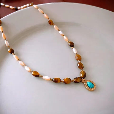 Vintage Beaded Necklace With Tiger Eye Stone Alloy Portrait Coin Turquoise Pendant Bohemian Jewelry For Women