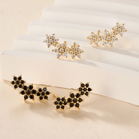 925 Sterling Silver Flower Stud Earrings Zirconia Inlaid Triple Floral Petal Design Gold Silver Jewelry For Women