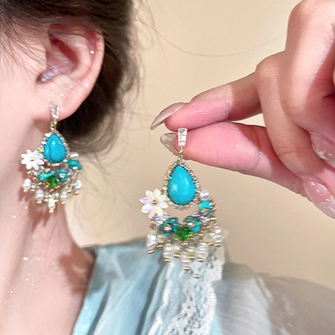 Vintage Böhmische Wassertropfen Türkis Blume Quaste Künstliche Perle Ohrhänger Mit Silbernem Ohrstecker Zirkon Legierung Für Damen