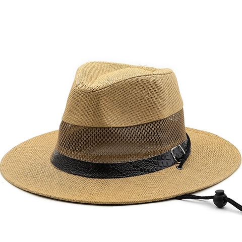 Breathable Straw Fedora Hat With Wide Brim Sun Protection Mesh Design Adjustable Strap For Men Women Summer Travel